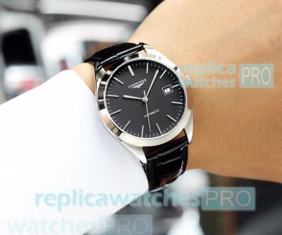 Best Quality Clone Longines Black Dial Black Leather Strap Men's Watch